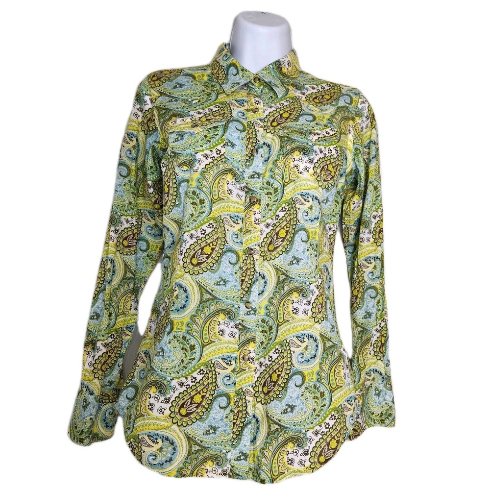 Ariat Women's XS Western Snap Shirt Paisley Blue Green Yellow Long Sleeve Cotton